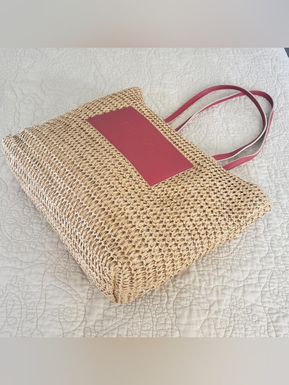 UNOde50 Red Straw Tote Bag PU Faux Leather Lightweight Beach Market